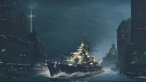 <lora:Necron_Architecture:0.7> Necron Architecture, electricity, green glow, green theme, BREAK, <lora:Bismarck_Battleship:0.8> ...