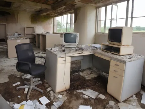 a broken down computer sitting in a huge dilapidated ruined office,<lora:Abandoned:1>