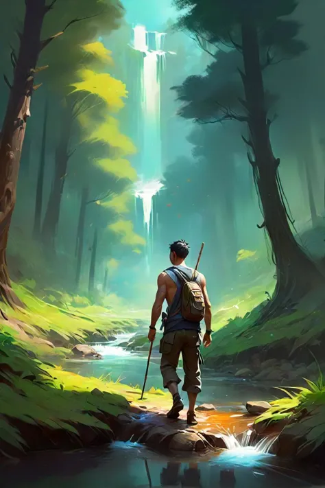 painting of a man walking in a forest with a stream, full body character portrait landscape, ross tran. scenic background, concept art. epic landscape, concept art painting, painted as a game concept art, stylized painting, colorful concept art, concept painting, dreamlike digital painting, fantasy concept painting, digital painting concept art, scenery artwork, beautiful concept art, environment painting