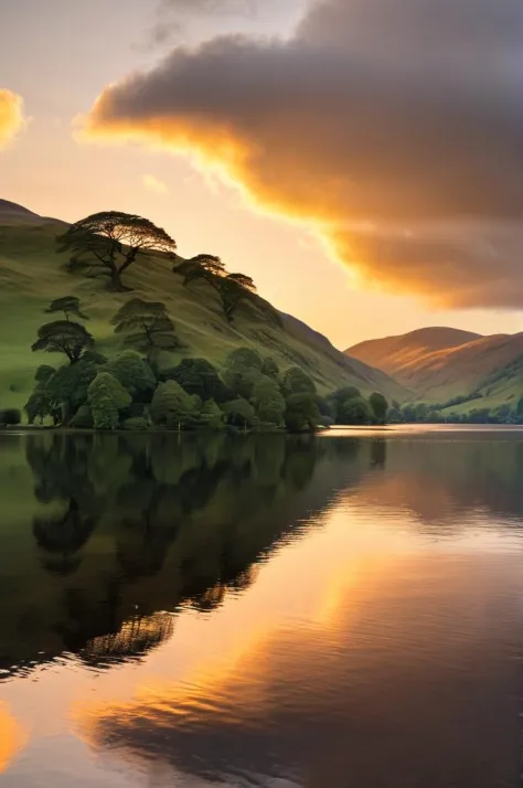Masterpiece, well composed, detailed photograph of a lake and surrounding landscape, sunset, Lake district UK, Ullswater , Winde...