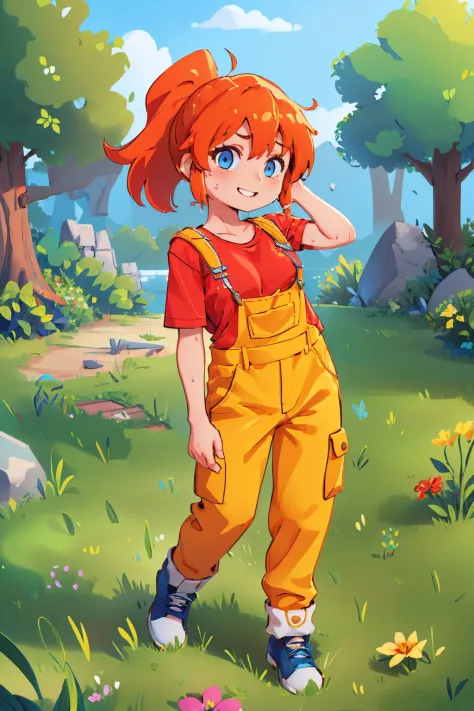 (masterpiece, best quality:1.2), solo, 1girl, trmechanic, sweat, smile, looking at viewer, arm up, ponytail, overalls, shirt, outdoors, grass, tree <lora:terraria_mechanic:1.0>