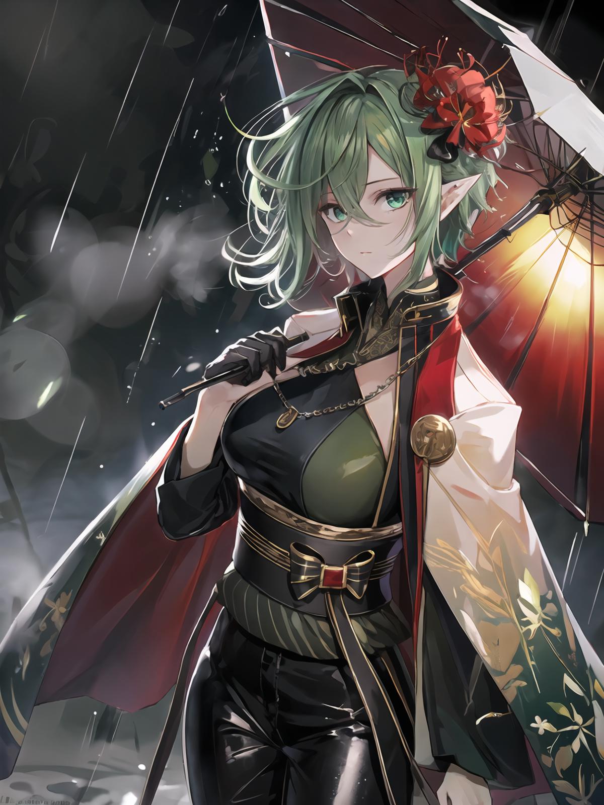 Anime girl with green hair and green eyes holding an umbrella - SeaArt AI