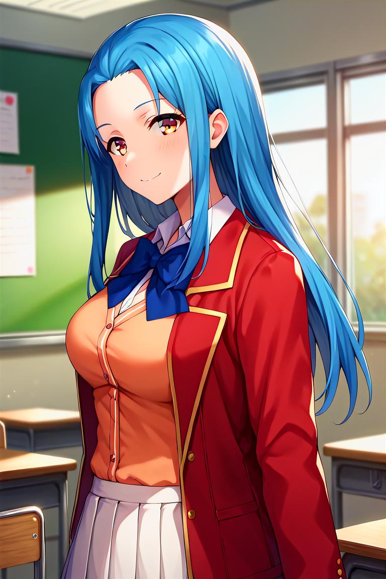 Anime girl sitting on a bench in a classroom with a window - SeaArt AI