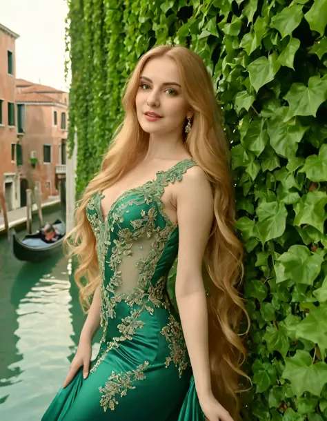 In the romantic heart of Venice, with the Grand Canal glistening in the distance, a captivating woman named Sxhiya, her long gol...