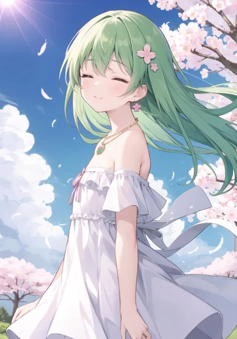 (pixiv masterpiece), masterpiece, best quality, blue sky, white cloud, (wind:1.1), cute, kawaii, solo, wind dress, sunlight, lens flare, beaitul dress, depth of field,
BREAK,
1girl, flat chest, green hair, closed eyes, head tilt, clover hair ornament, looking at viewer, long hair, disheveled hair, messy hair, blank stare, standing, butterfly, off shoulder Strapless dress, jewelry, necklace, hand in own hair, light smile,
BREAK,
(surrounded_by_floating_sakura:1.2), (cherry blossoms:1.2), (flying feathers:1.1), flower, face focus, from side,