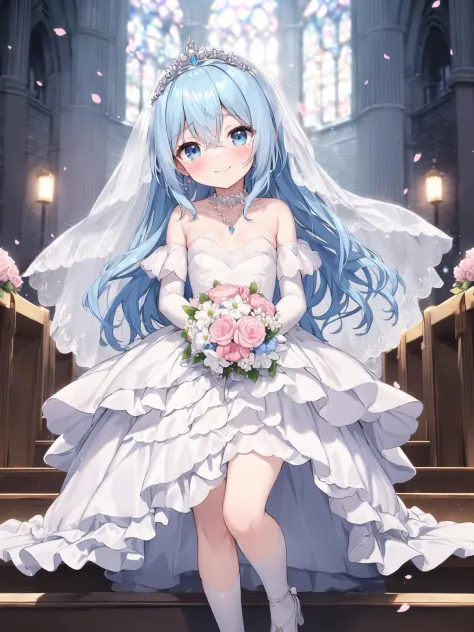 seductive smile, happy tears,, masterpiece, best quality, highly detailed, illustration, beautiful detailed girl, (surrounded_by_floating_sakura, bride, holding bouquet, off shoulder Strapless dress, organdie , butterfly, wing collar, bridal veil, elbow gloves, hair ornament, holding bouquet, jewelry, necklace, white dress, wedding dress, veil, tiara, wedding, rainbow, church external, hair tucking, blush, head tilt, summoning:1.05), (hair bow, blue eyes, hair between eyes, very long hair, [blue hair | ice hair]:1.15), (eye reflection, collarbone, flat chest, nape, flat chest, kawaii,cute,full body:1.05), (1girl, solo:1.1)