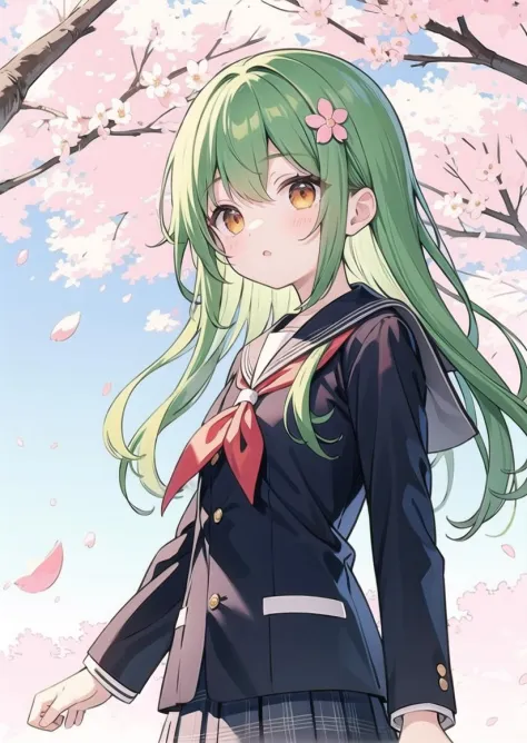 (pixiv masterpiece),masterpiece, best quality, 1girl,cute,kawaii, flat chest, green hair,orange eyes,clover hair ornament, long hair, disheveled hair, messy hair,cherry blossoms, school uniform, flower floating,at school,spring