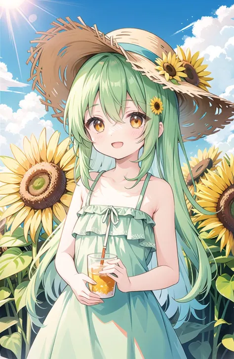 (pixiv masterpiece),masterpiece, best quality, 1girl,cute,kawaii, flat chest, green hair,orange eyes,clover hair ornament, long hair, disheveled hair, messy hair,summer,sunshine,sunflower,straw hat,:d