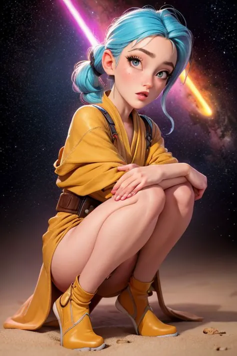 ((Jedi girl)) on the knees ((Evan Rachel Wood )), RAW photograph explosion of color, in space, stars hotography  RAW photograph explosion , ,  vintage Polaroid Swinger, 35mm f/1.2, 1/260s, ISO 50, by Frank Frazetta  ((sticky skin:1.2)) short stature