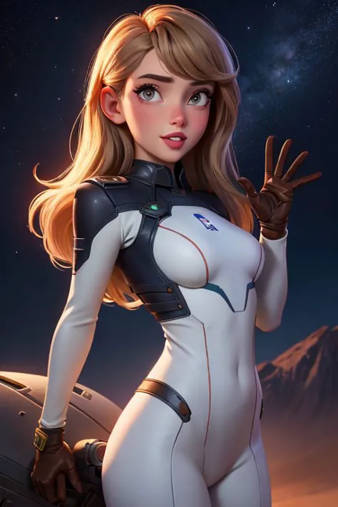 a woman in a white suit and gloves standing next to a spaceship