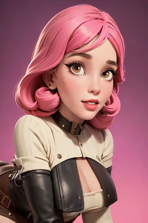 a close up of a woman with pink hair and a black jacket