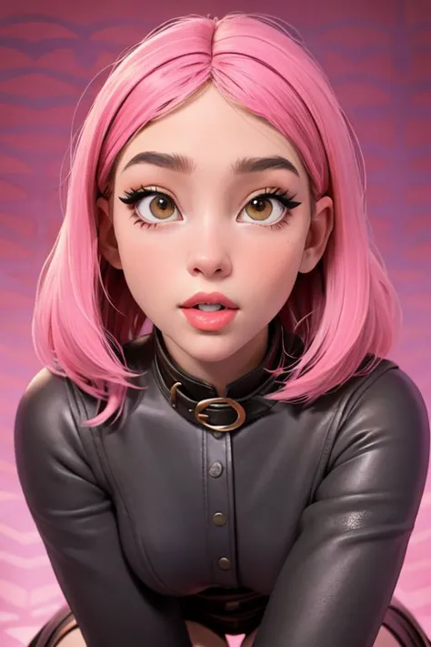 a close up of a woman with pink hair and a black top