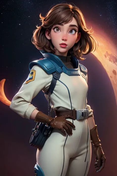 a woman in a space suit standing in front of a planet