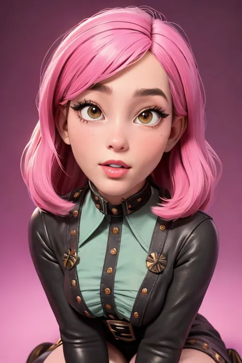 a close up of a woman with pink hair and a black jacket