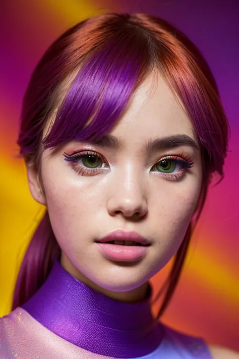 a close up of a woman with purple hair and a purple choke