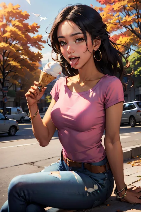 anime girl eating ice cream cone on the side of the road