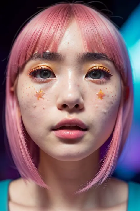 a woman with pink hair and freckled skin looks at the camera