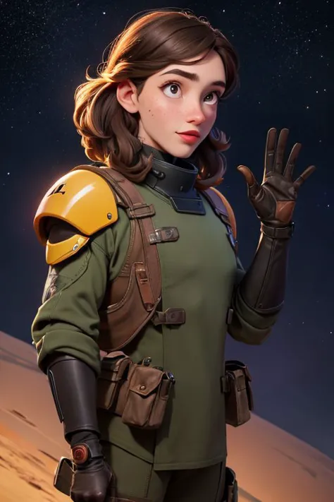 a woman in a green uniform and gloves holding a hand up