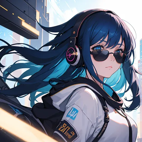 1girl, long hair, ((blue hair)), blue eyes, space, galaxy, comet, (illustration:1.1), (perfect details:1.1), landscape, background, abstract, sexy, (blue sunglasses), headphones, blue and black and white outfit, (extremely detailed), hoodie, cyberpunk