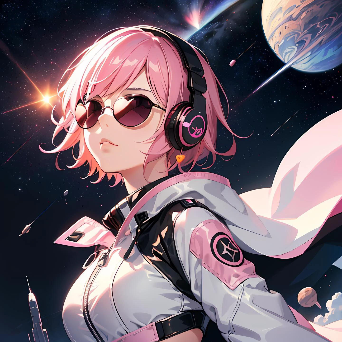 1girl,long hair,((pink hair)), (short hair:1.5),pink eyes,space,galaxy,comet,(illustration:1.8),(perfect details:1.1),landscape,background,latex,abstract,(pink sunglasses),headphones,pink and black and white outfit,(extremely detailed),futuristic, sporty jacket, cape
