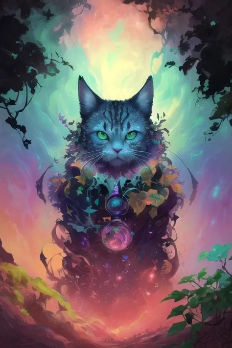 a cat with green eyes sitting on a tree stump in the middle of a forest