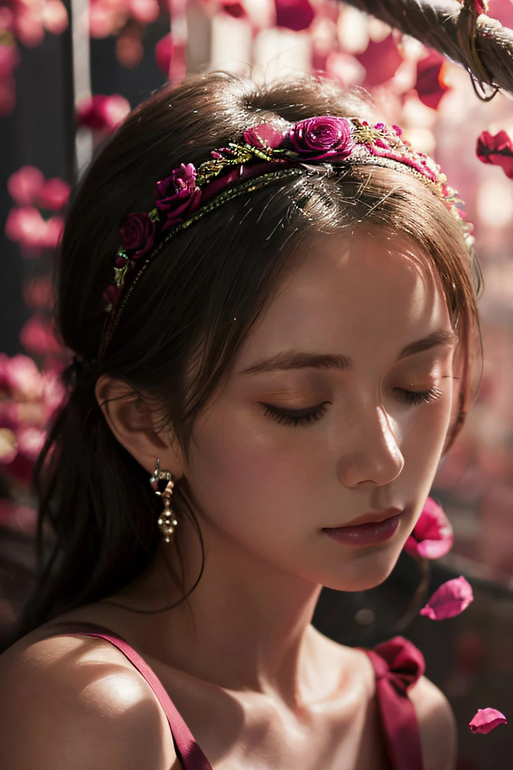 1girl, solo, jewelry, earrings, closed eyes, flower,((rose)), (vine), cage, bandage, red rope, (detail light), falling rose petals,