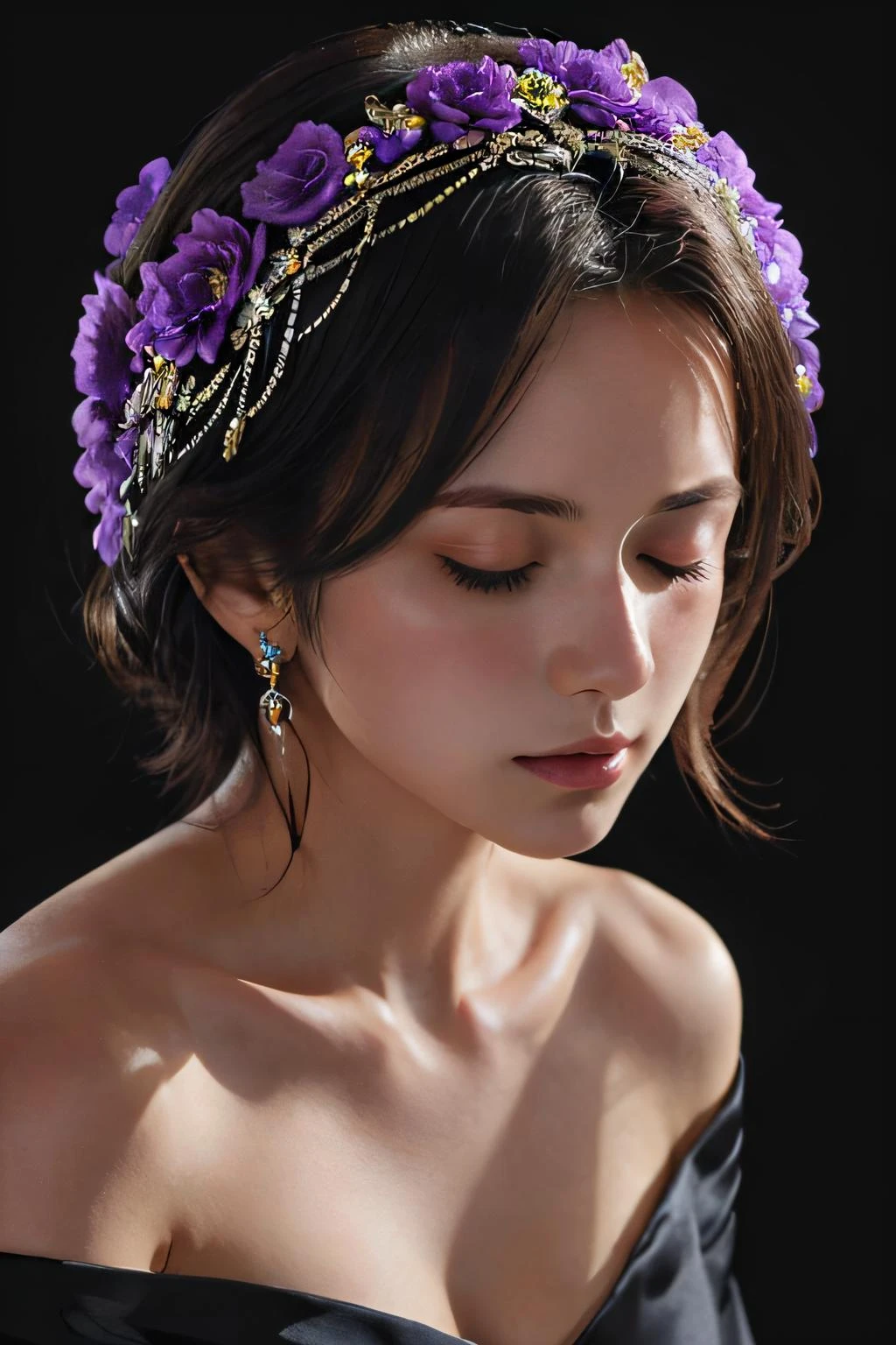 1girl, solo, closed eyes, jewelry, earrings, black hair, bare shoulders, realistic, black background, collarbone, closed mouth, brown hair, eyelashes, hair ornament, lips, upper body, dress, breasts, makeup, short hair, off shoulder, flower, cleavage, black dress, portrait