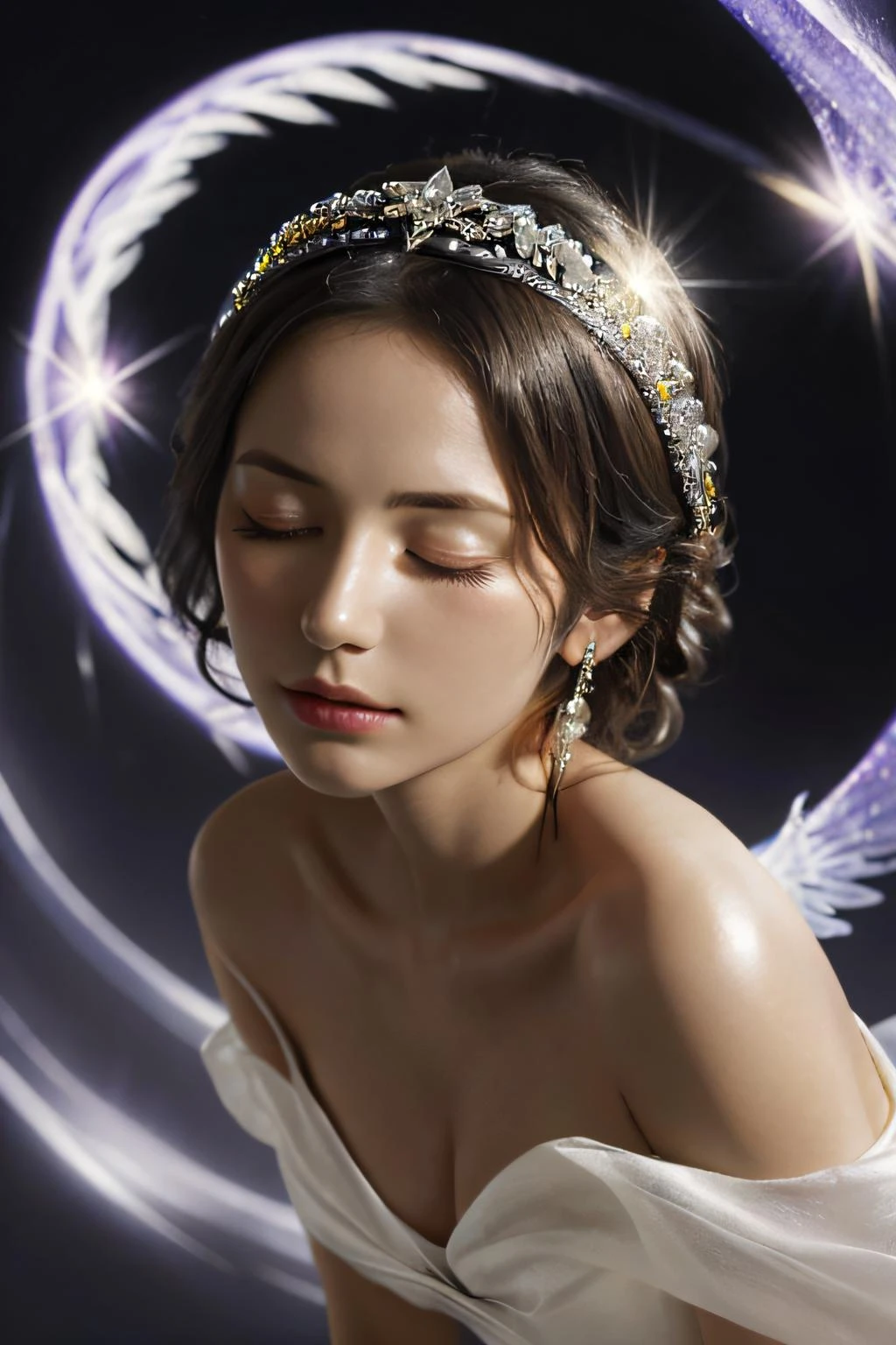 1女孩, 独自的, 珠宝, 耳环, 闭上眼睛, 花,(阳光),(天使),动态角度, 漂浮的, 翅膀, 光环, 漂浮的 white silk,(圣光),银星,