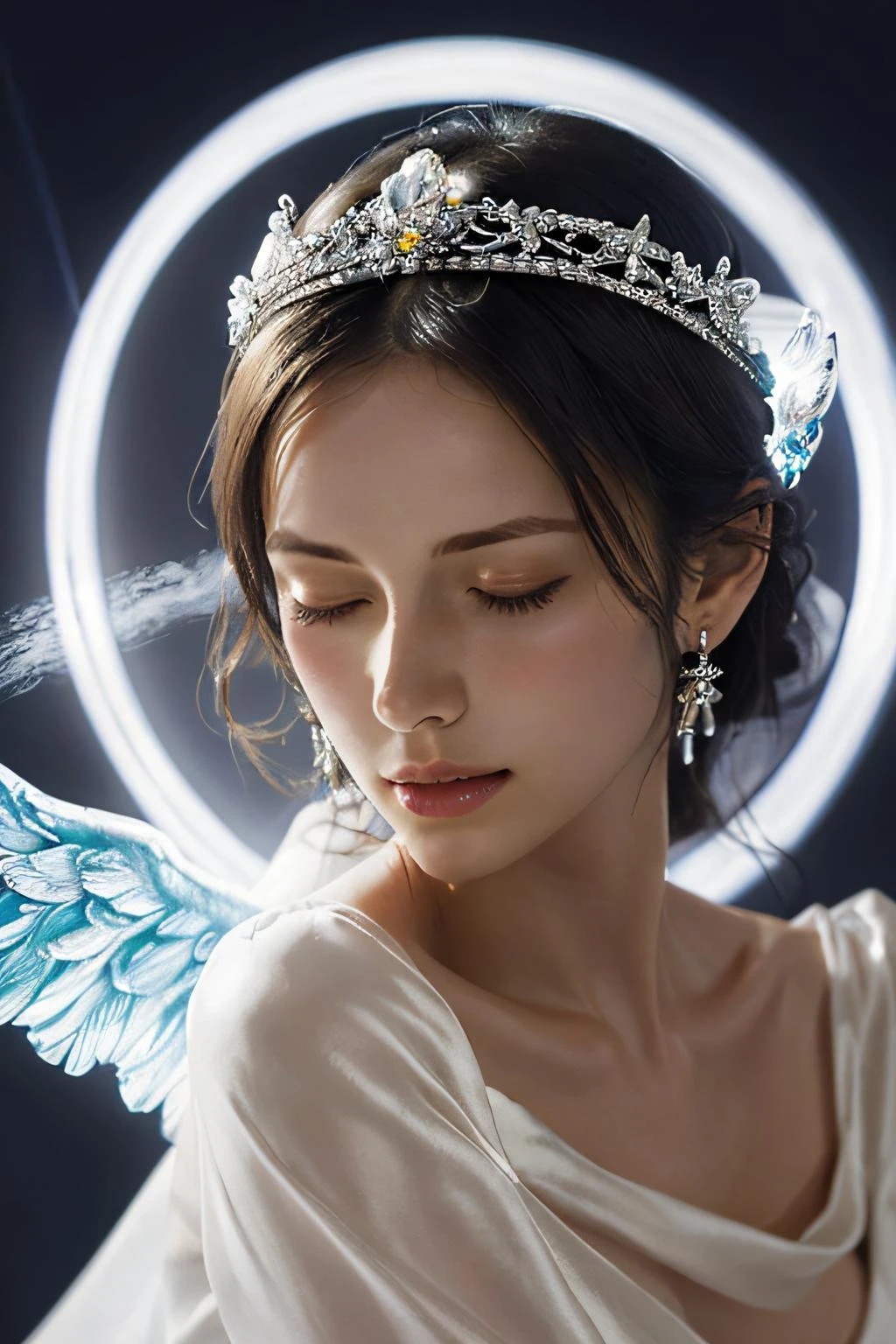 1girl, solo, jewelry, earrings, closed eyes, flower,(sunlight),(angel),dynamic angle, floating, wing, halo, floating white silk,(Holy Light),silver stars,