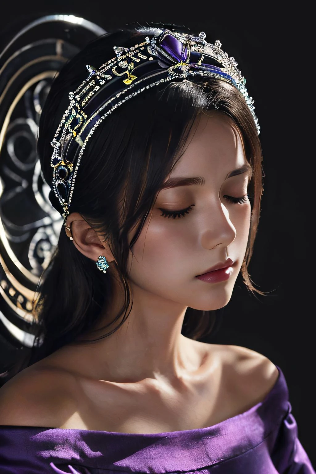 1girl, jewelry, solo, closed eyes, earrings, black hair, black background, collarbone, bare shoulders, off shoulder, long hair, realistic, tiara, closed mouth, lips, eyelashes, simple background, upper body, makeup, dress, hairband, off-shoulder shirt, lipstick