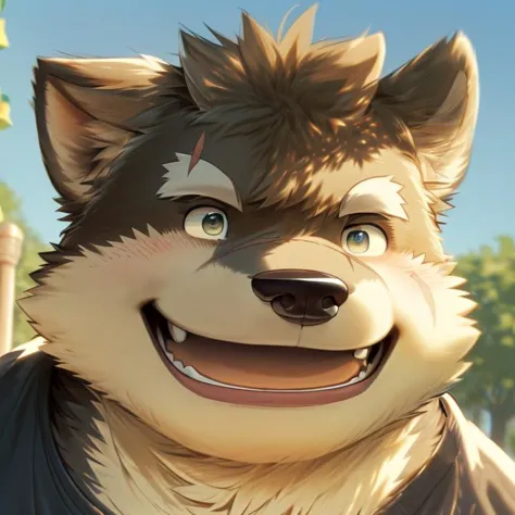 a close up of a cartoon wolf with a smile on his face