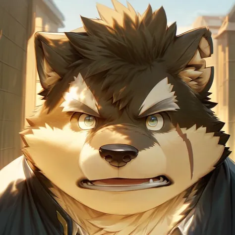 a close up of a cartoon wolf with a suit on