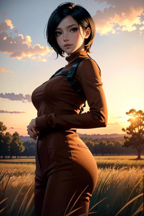 ((ultra detailed, masterpiece, best quality))
 RE4Ada, 1girl, solo, short hair, brown eyes, Amidst a field of tall grass at sunset, figure-hugging jumpsuit, warm golden hour glow, leaning against a wooden fence with an alluring gaze