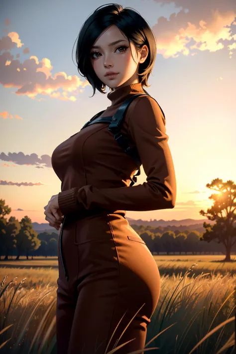 a woman in a brown dress standing in a field