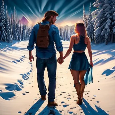 a man and woman walking through the snow holding hands