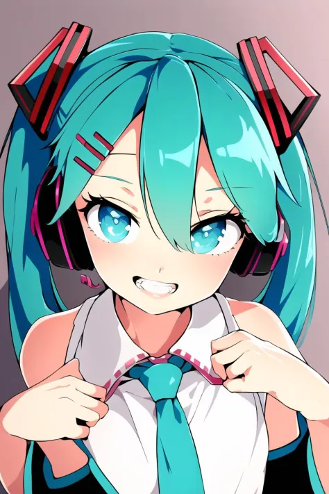 (best quality, masterpiece1.2), detailed,1girl, solo,looking at viewer,simple background, close-up, uwu,
standing ,smile ,detailed eyes ,  detailed  face,realistic, adorable face , cute, hatsune miku, log eyelashes, teeth,hair ornament, necktie,  headphone...
