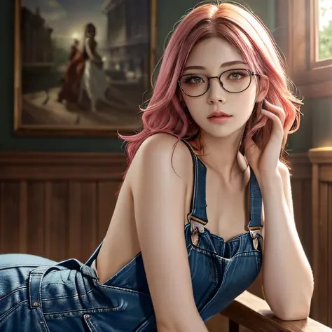 1girl, naked_overralls, (reikamiki<lora:reikamiki2:0.5>) semi-rimless glasses, pink hair, floating hair body, masterpiece, exstreme detailed, best quality, ultra highres, photorealistic, RAW photo, official art, beautiful and aesthetic, CG unity 8k wallpap...