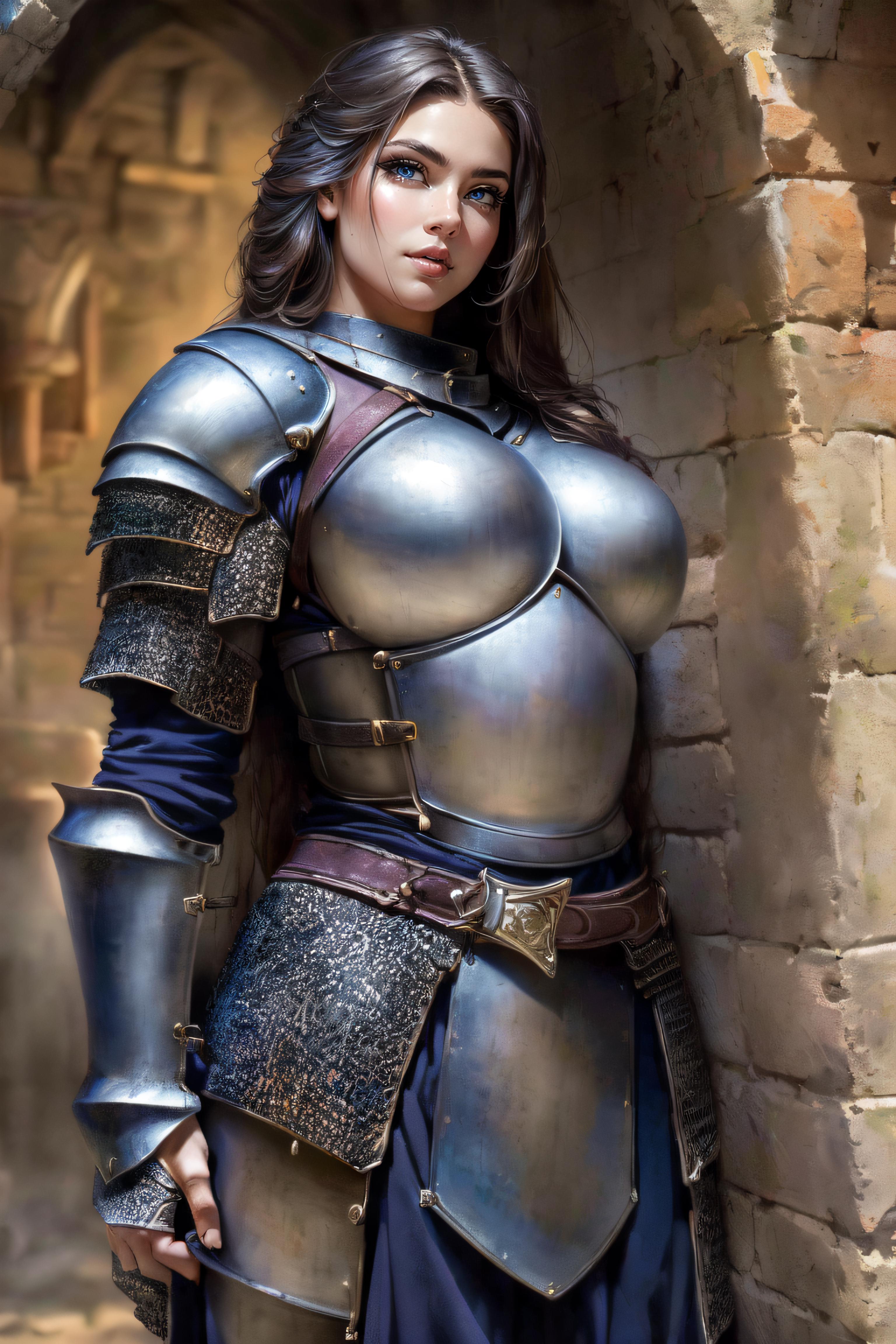 A close up of a woman in armor posing for a picture - SeaArt AI