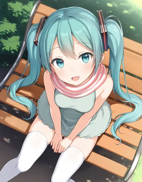 anime girl sitting on a bench with headphones on