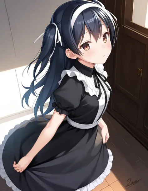 anime girl in maid dress standing in front of a door