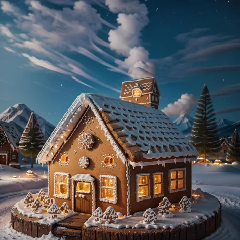 photo realistic small village of gingerbread house houses in a snowy night full of warm lights, cotton wool smoke chimney, candy...