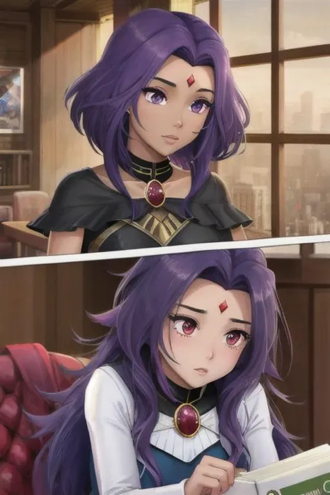 two pictures of a woman with purple hair and a book