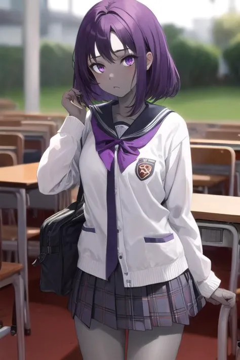 high definition,  ravdc,( 1 girl, grey skin, purple hair:1.2), school girl outfit  <lora:ravdc-guy-v2:0.85>