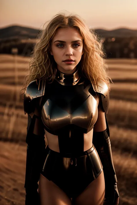 a close up of a woman in a black bodysuit standing in a field