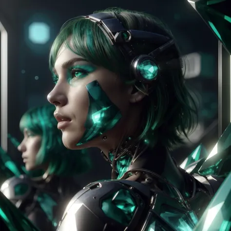 a woman with green hair and green makeup in a futuristic setting