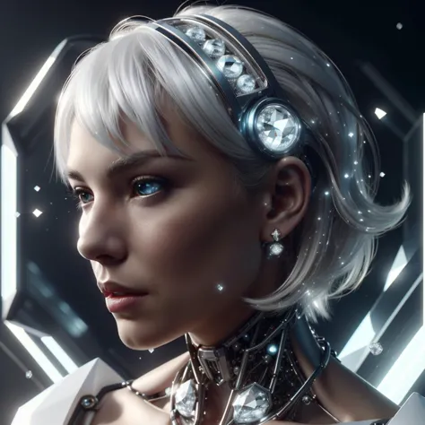 <lora:GemTech-22:1>, gemtech , scifi, elegant , inner details , internal reflections , (diamond ),  cyberpunk, 
1girl, bob cut, white hair,