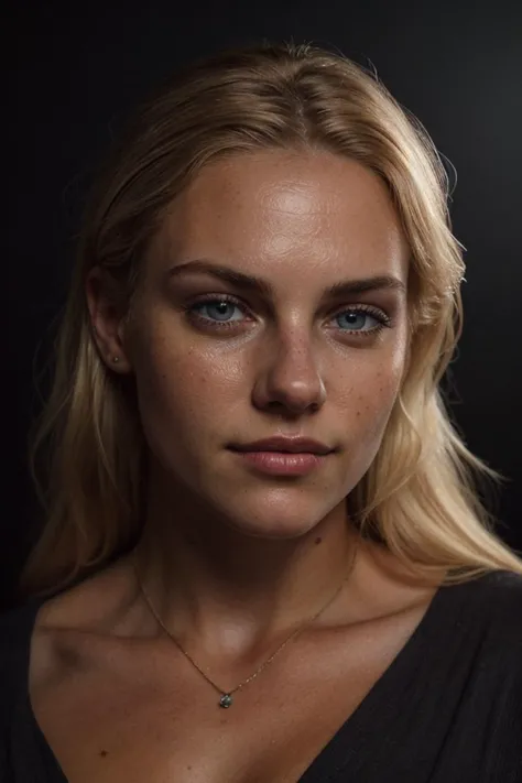 a close up of a woman with a necklace on her neck