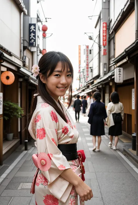 arafed asian woman in a kimono standing in a narrow alley