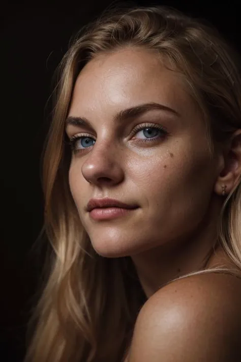 a close up of a woman with long blonde hair and blue eyes