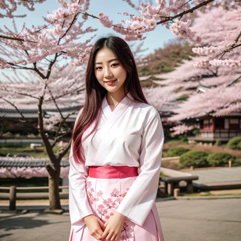 a woman in a pink and white kimono standing under a tree